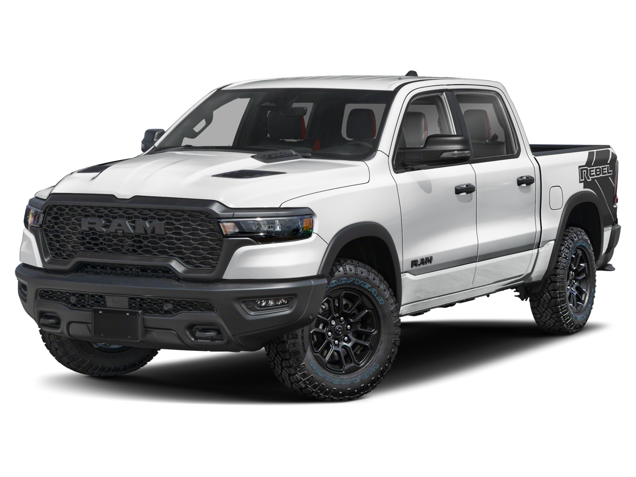 2025 RAM 1500 Rebel in White — front three-quarter view